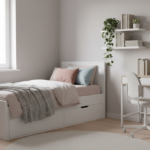 Bright and airy modern teenager bedroom with a stylish white single bed with built-in drawers, soft