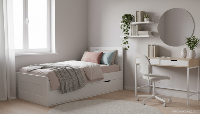 Camas juveniles modernas con cajones en dormitorio luminoso