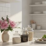 Beautiful styled kitchen countertop with minimal decor items, wooden cutting board, ceramic vase wit