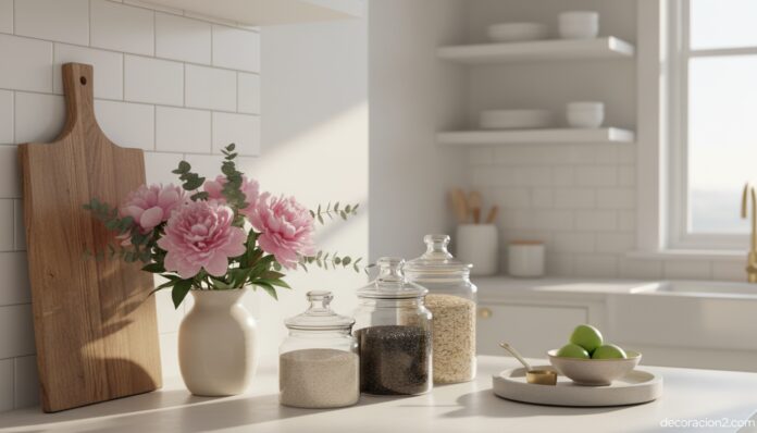 Encimera de cocina decorada con estilo: tabla de madera, flores frescas y tarros de cristal