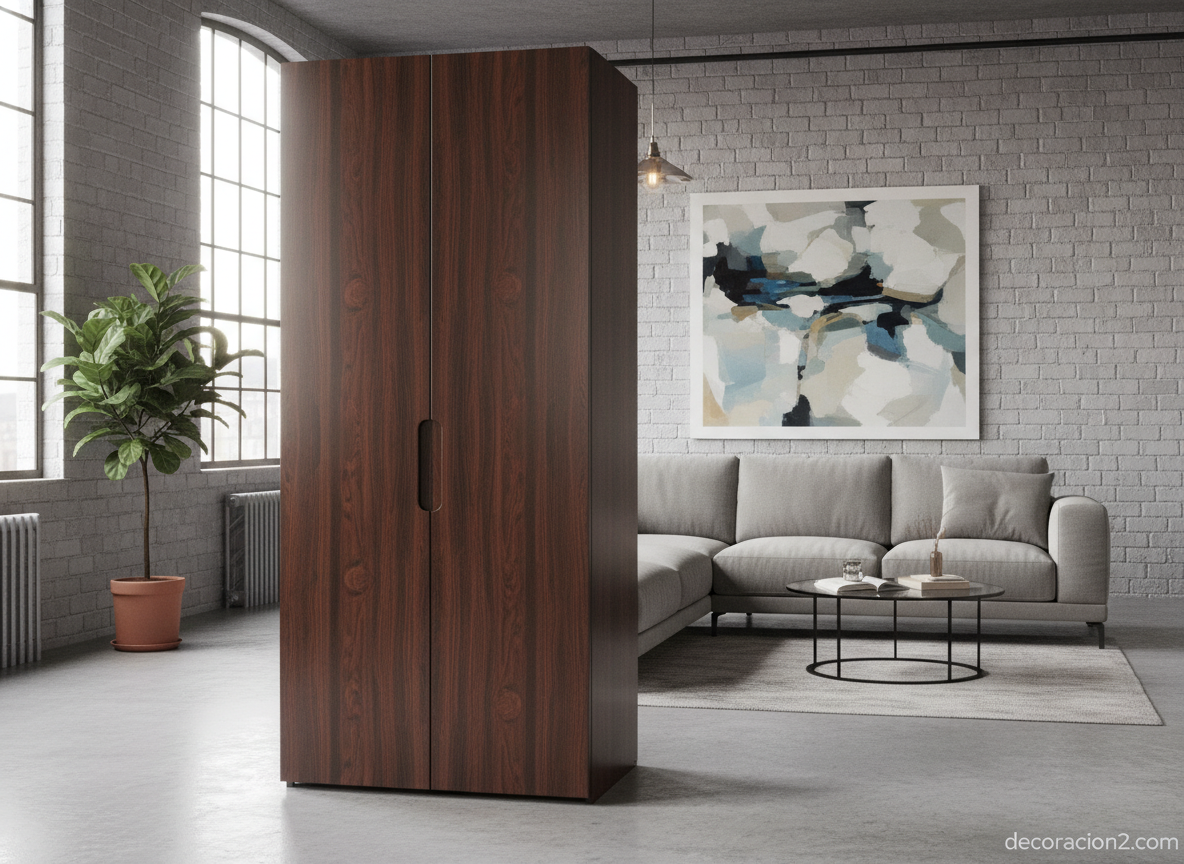 Cocinas compactas: soluciones inteligentes para espacios mínimos 5 Cocina compacta tipo armario cerrada con acabado en madera en un apartamento moderno