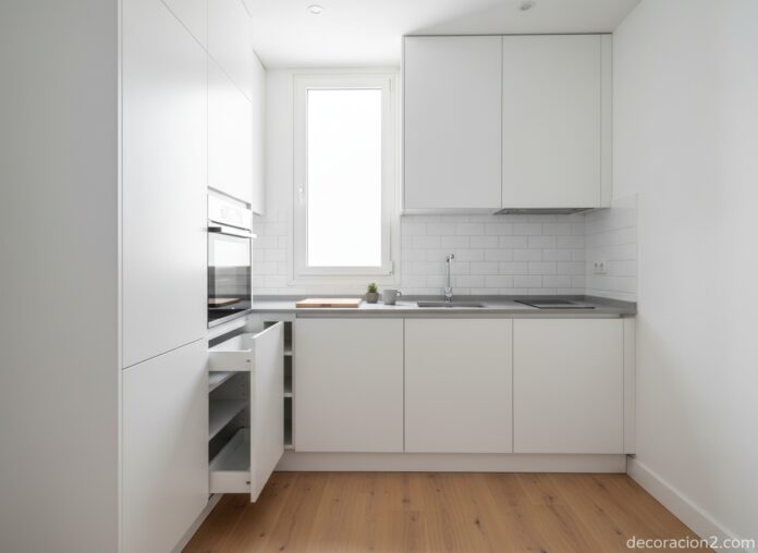Modern compact kitchen in a small apartment, sleek white cabinets, built-in appliances, clever stora