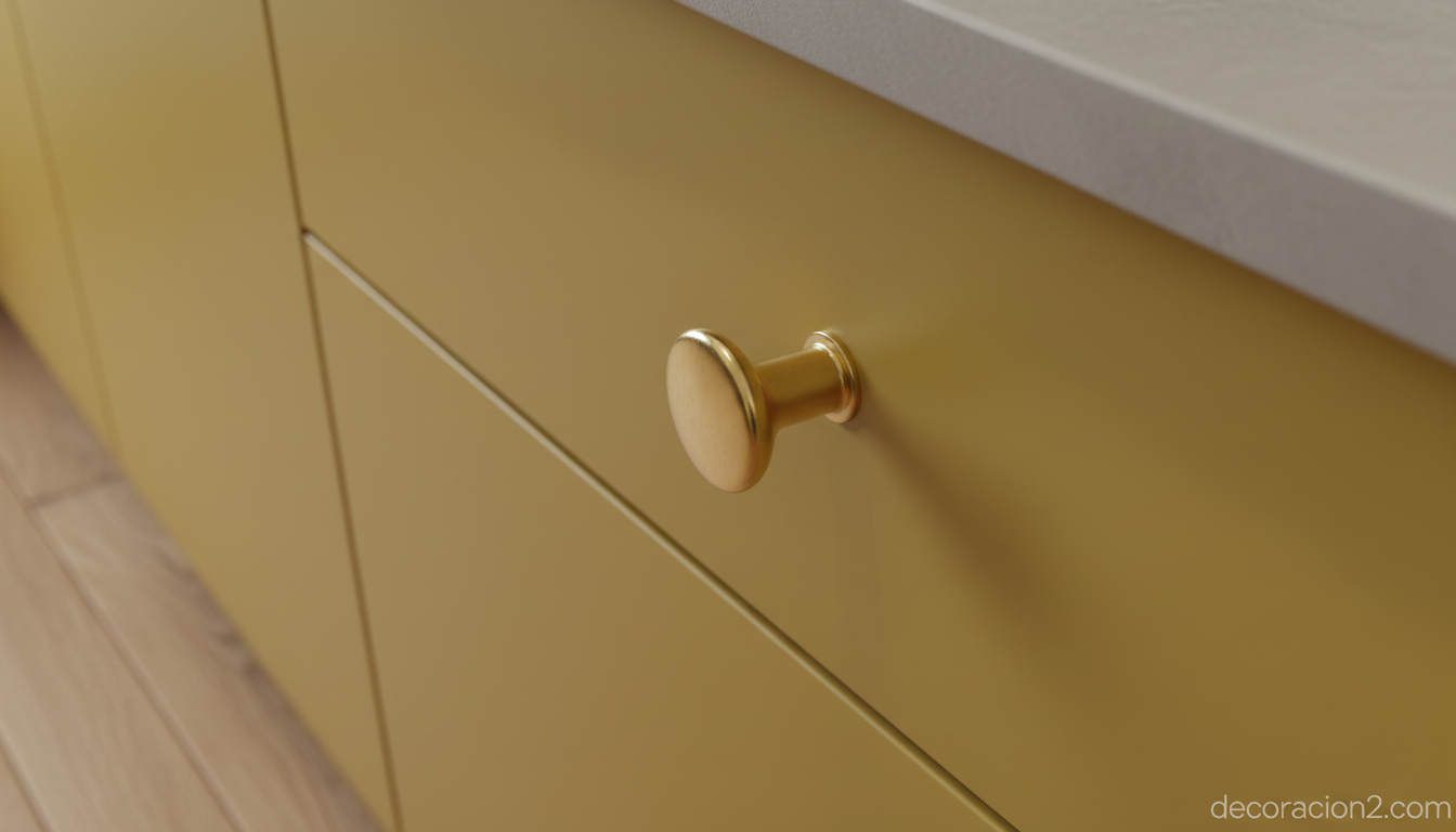 Detalle de puerta de mueble de cocina en lacado mate amarillo mostaza con tirador dorado