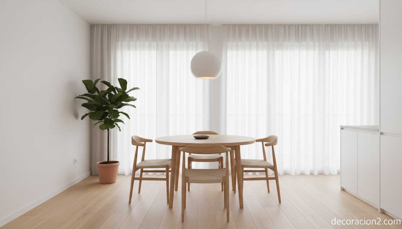 Cocina de estilo nórdico con mesa redonda y sillas minimalistas