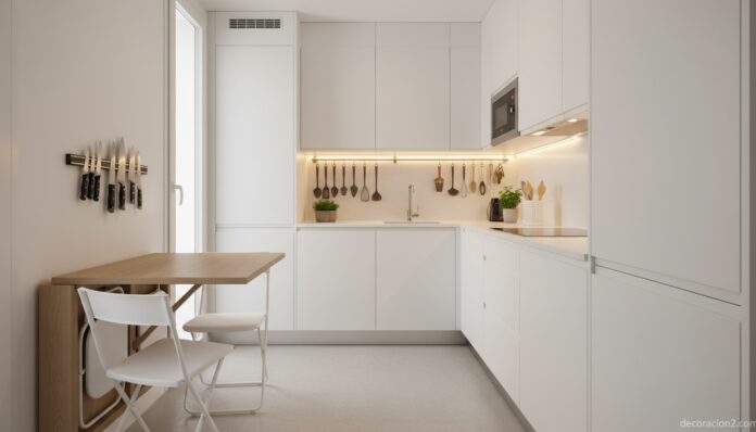 Cocina pequeña bien organizada con armarios hasta el techo, mesa plegable y almacenaje en pared