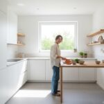 A bright, modern small kitchen that looks spacious and open, white cabinets, natural light from larg