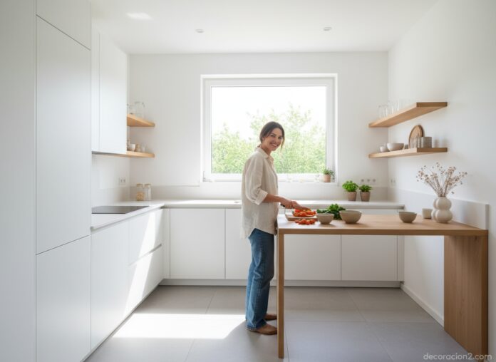 A bright, modern small kitchen that looks spacious and open, white cabinets, natural light from larg
