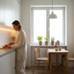 A bright, modern small kitchen that looks spacious and airy. White cabinets with matte finish, large