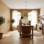 Modern kitchen interior with cork wall panels and cork flooring, warm natural tones, a woman cooking