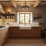 A charming rustic kitchen interior with exposed wooden beams, natural stone walls, wooden cabinetry