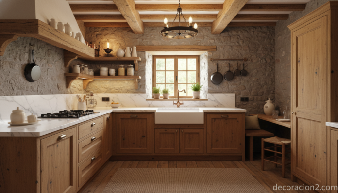 A charming rustic kitchen interior with exposed wooden beams, natural stone walls, wooden cabinetry Cocina rústica con vigas de madera, encimera de mármol y muebles artesanales