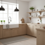 A bright Scandinavian-rustic kitchen with light wood cabinetry, white walls, large farmhouse sink, p