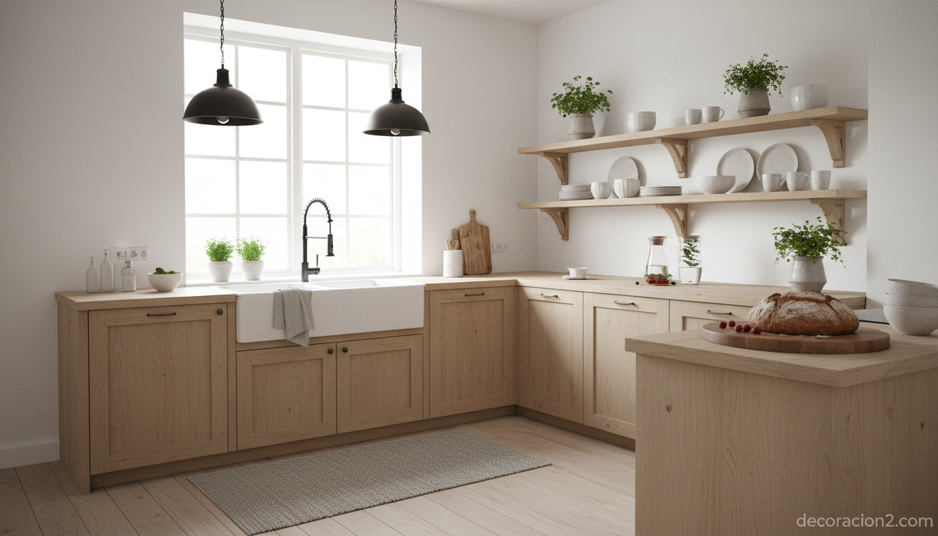 Cocina rústica: ideas de decoración, materiales y muebles para lograrla 10 Cocina rústica de estilo nórdico con madera clara y lámparas de hierro