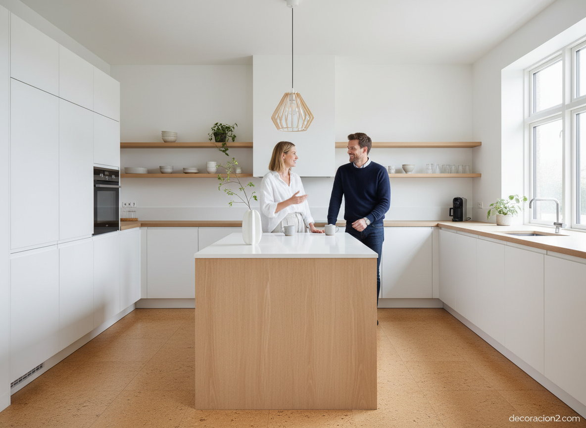 Cocina de estilo nórdico con suelo de corcho natural y muebles blancos