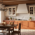 A Mediterranean-style kitchen with terracotta-colored cabinets below, cream upper cabinets, patterne