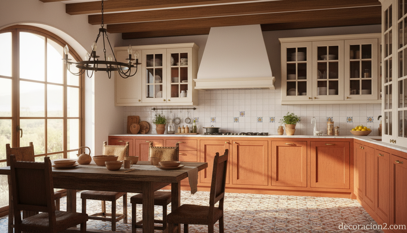 Cocina mediterránea con muebles color terracota y suelo hidráulico