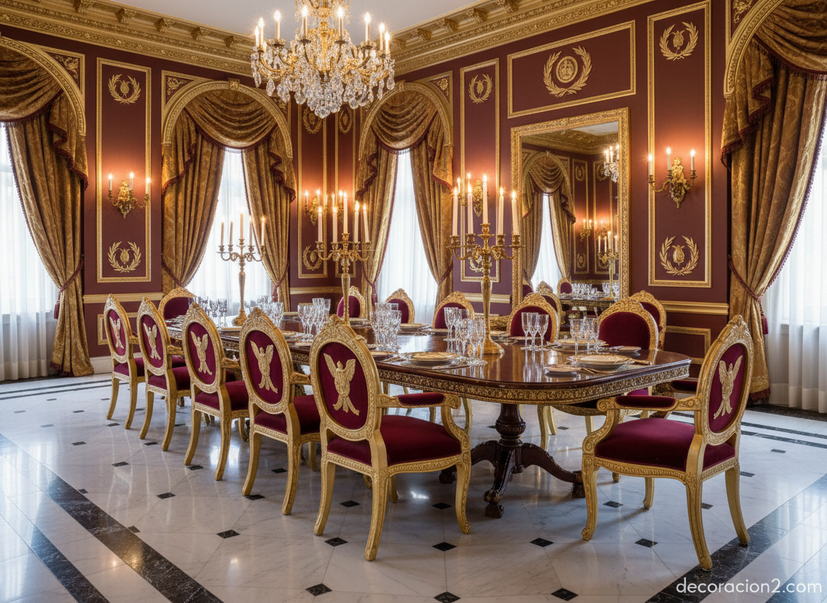 Comedor de estilo Imperio Napoleónico con mesa de caoba oscura, sillas doradas y candelabros