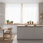 Bright modern kitchen with beautiful white linen curtains on a large window, natural light flooding