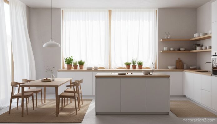Cocina luminosa con cortinas de lino blanco junto a la ventana con plantas aromáticas