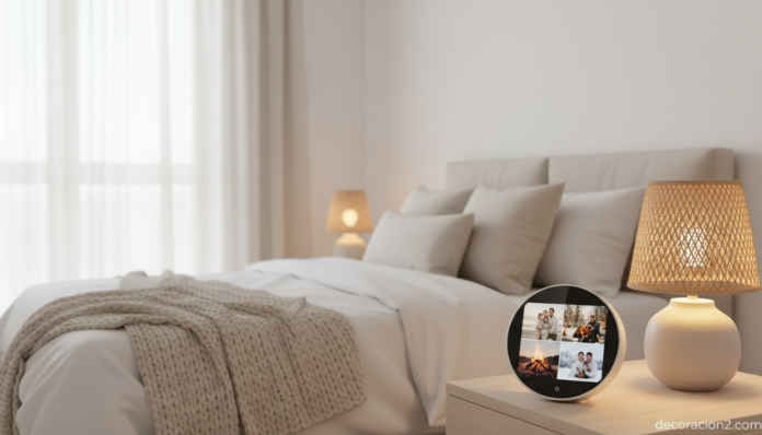 Despertador con marco de fotos digital sobre mesilla de dormitorio nórdico