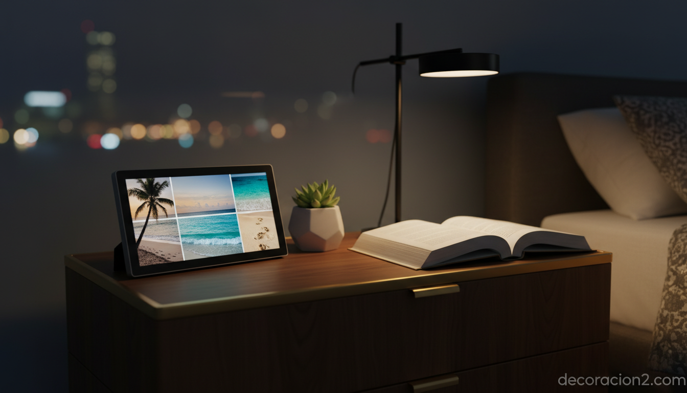 Despertador digital con marco de fotos encendido en dormitorio nocturno