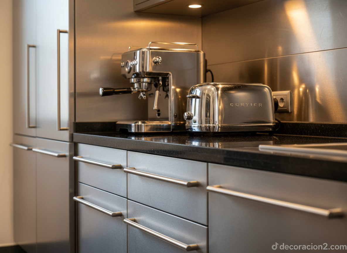 Detalle de muebles de cocina en acero inoxidable con tiradores metálicos
