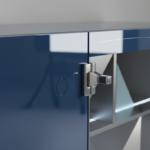 Extreme close-up detail shot of a high gloss lacquered futuristic cabinet door with push-to-open mec