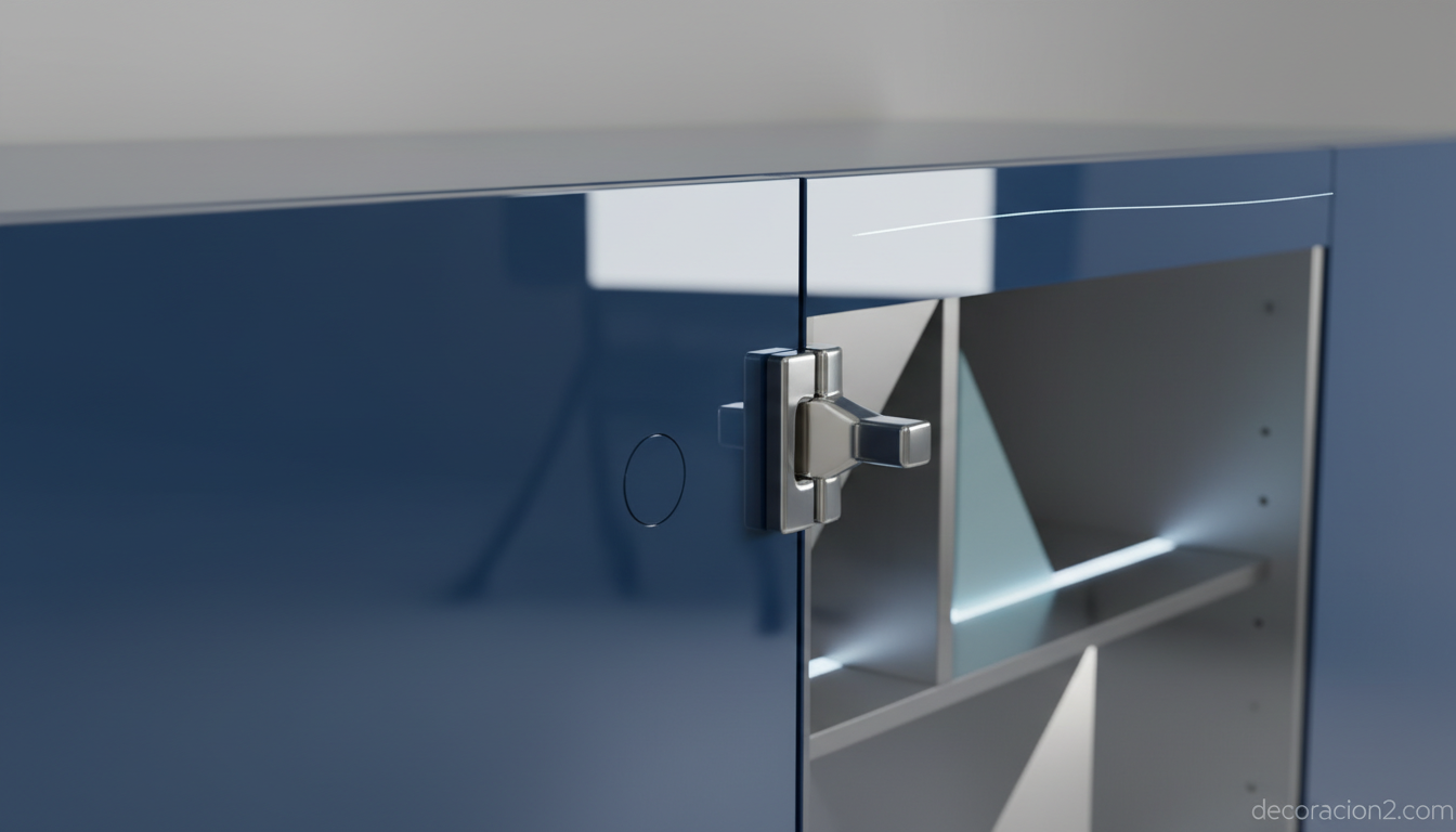Detalle de apertura push-to-open de mueble futurista lacado con iluminación LED
