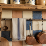 Close-up detail of rustic kitchen elements: reclaimed wood shelves with vintage ceramic jars, artisa