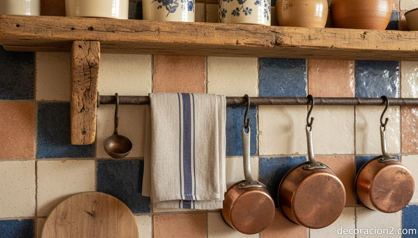 Cocina rústica: ideas de decoración, materiales y muebles para lograrla 9 Detalle de estantería de madera con cerámica en cocina rústica