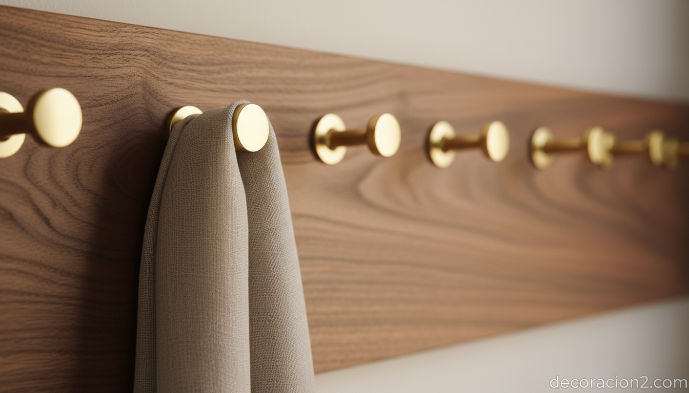 Detalle de ganchos de latón sobre perchero de madera de nogal