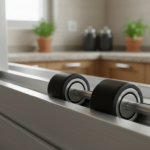 Close-up detail shot of a sliding window aluminum track rail mechanism with smooth rollers, showing