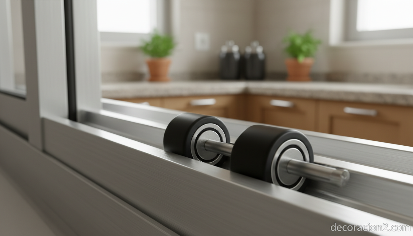 Detalle del sistema de guías de una ventana corredera de aluminio