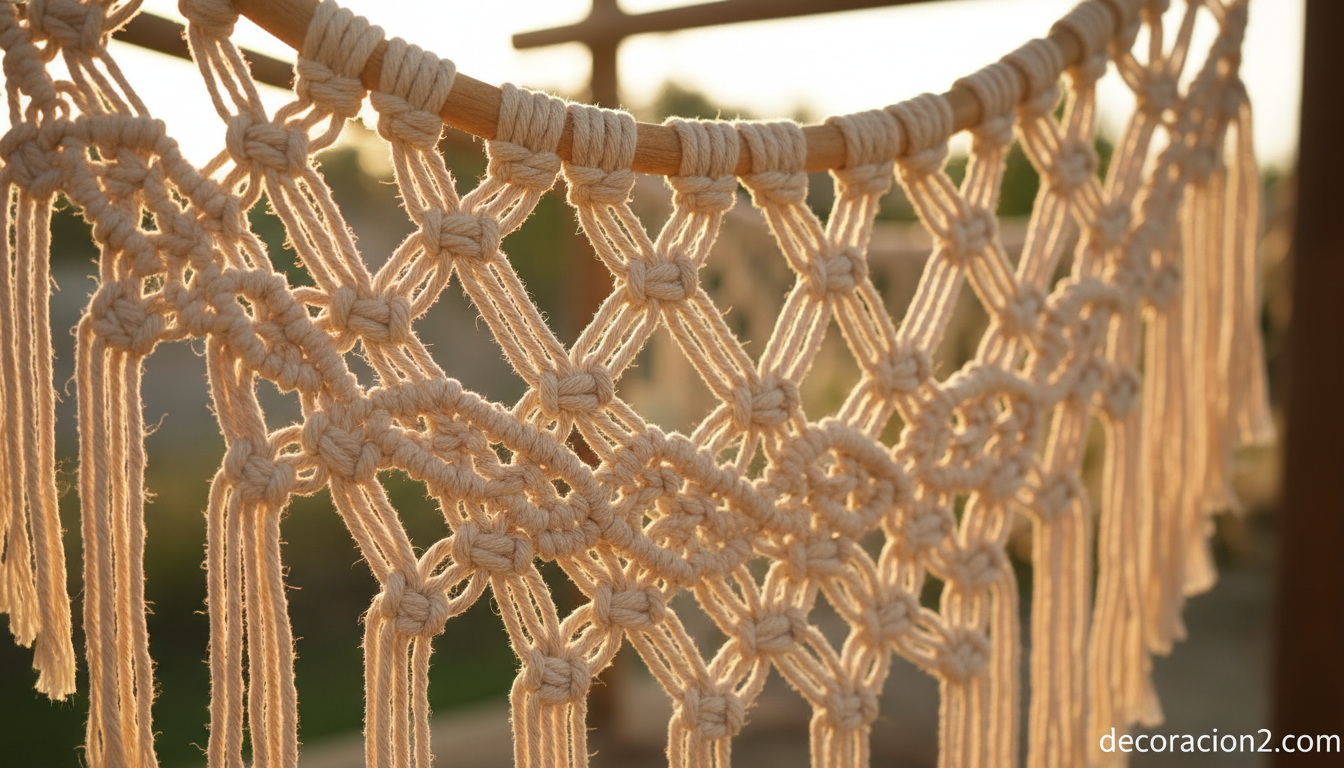 Detalle de hamaca de macramé artesanal con nudos de algodón natural