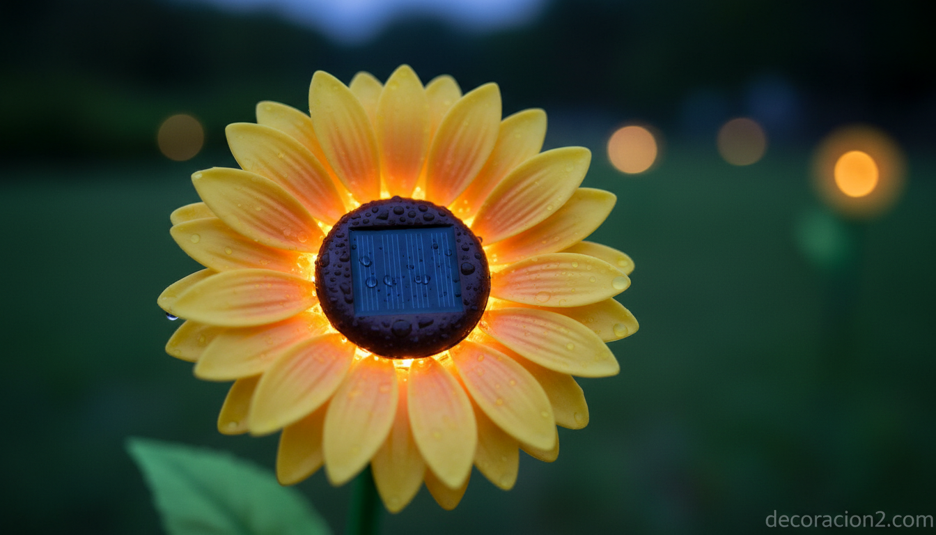 Detalle de una lámpara solar girasol con LED encendido al anochecer