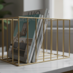 Close-up of a minimalist wire magazine holder in brushed brass finish on a white marble side table,