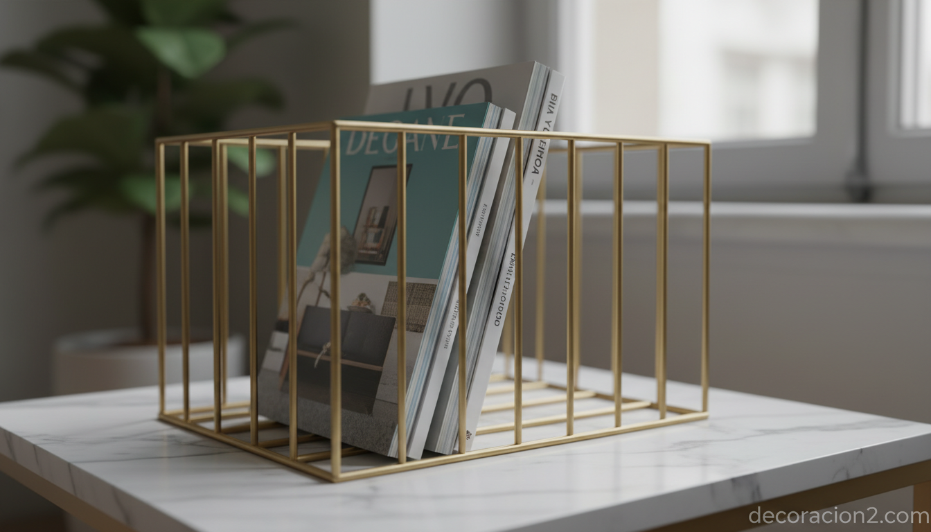 Detalle de un revistero metálico de latón con diseño geométrico