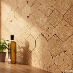 Close-up detail of cork wall tiles in a kitchen, showing texture and warm honey-brown tones, with a