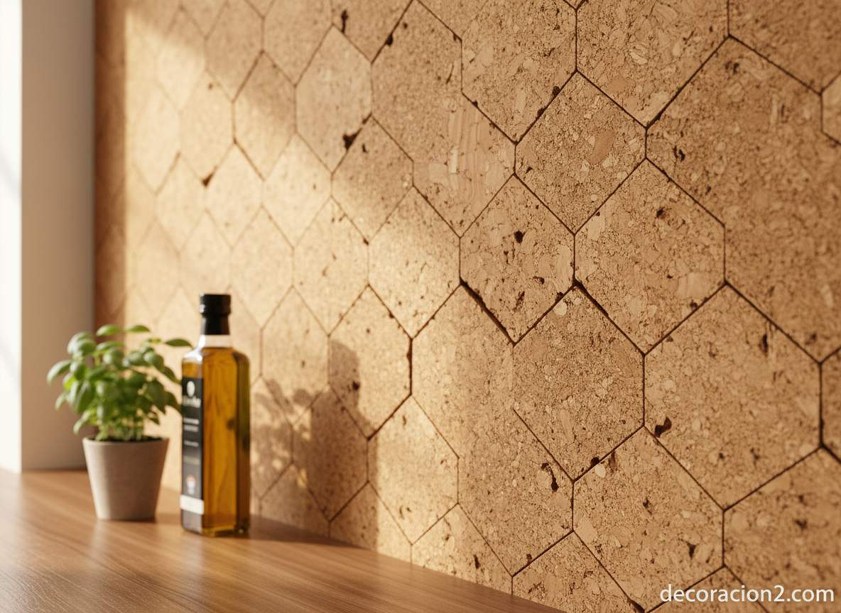 Detalle de la textura del corcho aplicado como revestimiento en la pared de una cocina