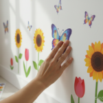 Close-up detail of colorful adhesive vinyl stickers being applied to a white wall in a child’s room,