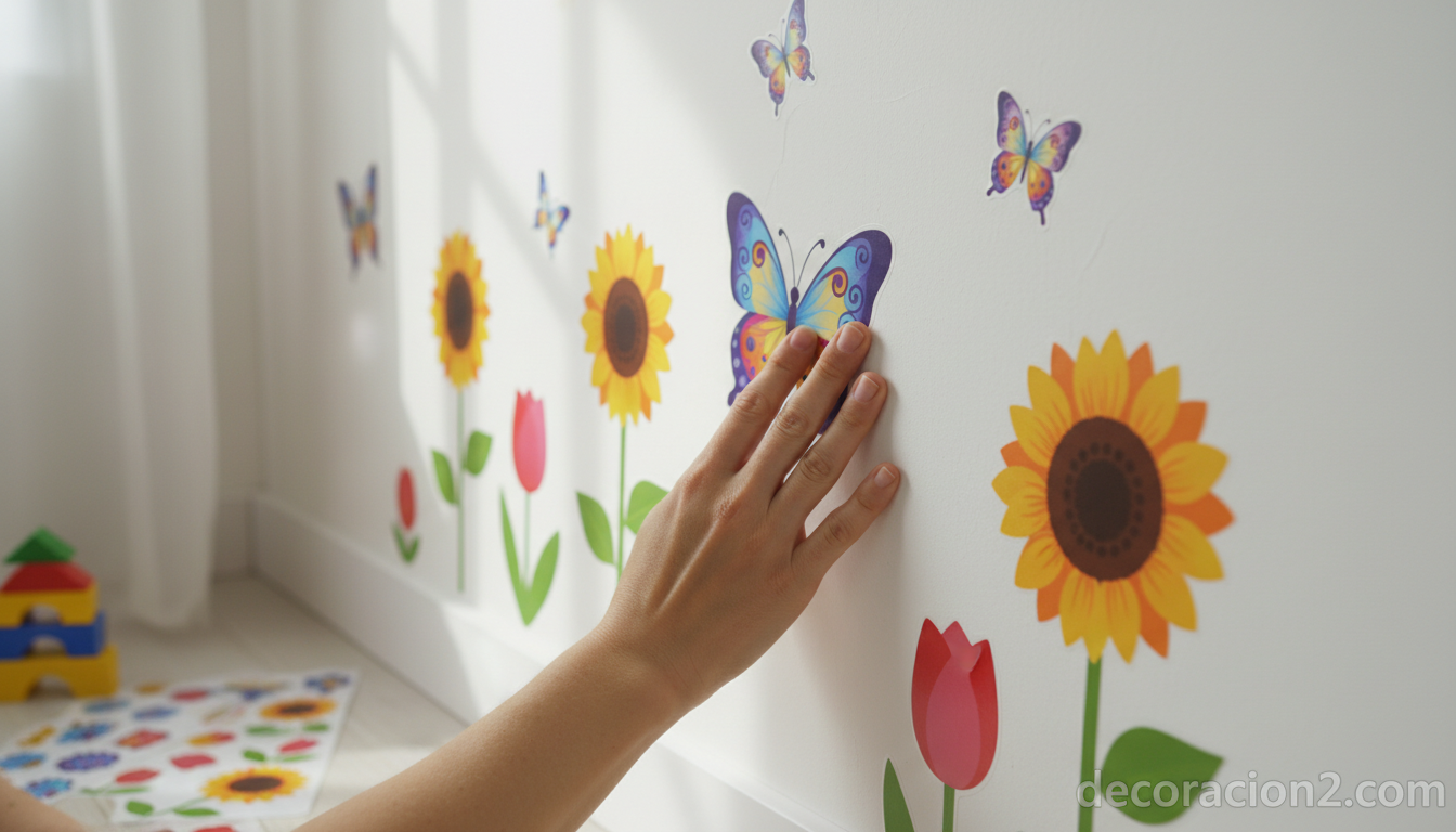 Detalle de vinilos adhesivos de mariposas y flores colocados en pared infantil