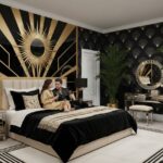 Art Deco bedroom with geometric headboard, mirrored furniture, gold and black color scheme, symmetri