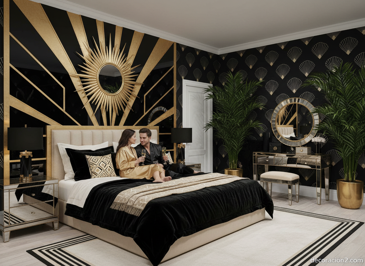 Dormitorio decorado en estilo Art Decó con cabecero geométrico, muebles dorados y espejos simétricos
