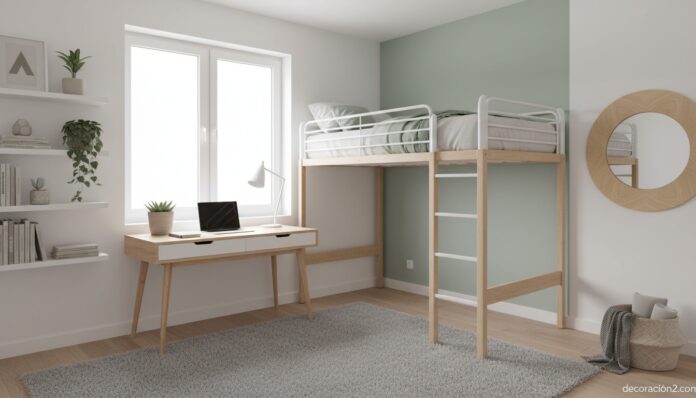 Dormitorio juvenil moderno con cama alta, escritorio bajo la ventana y estanterías organizadas