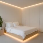 A minimalist bedroom with a low platform bed in light wood, white bedding, built-in wardrobe with sm