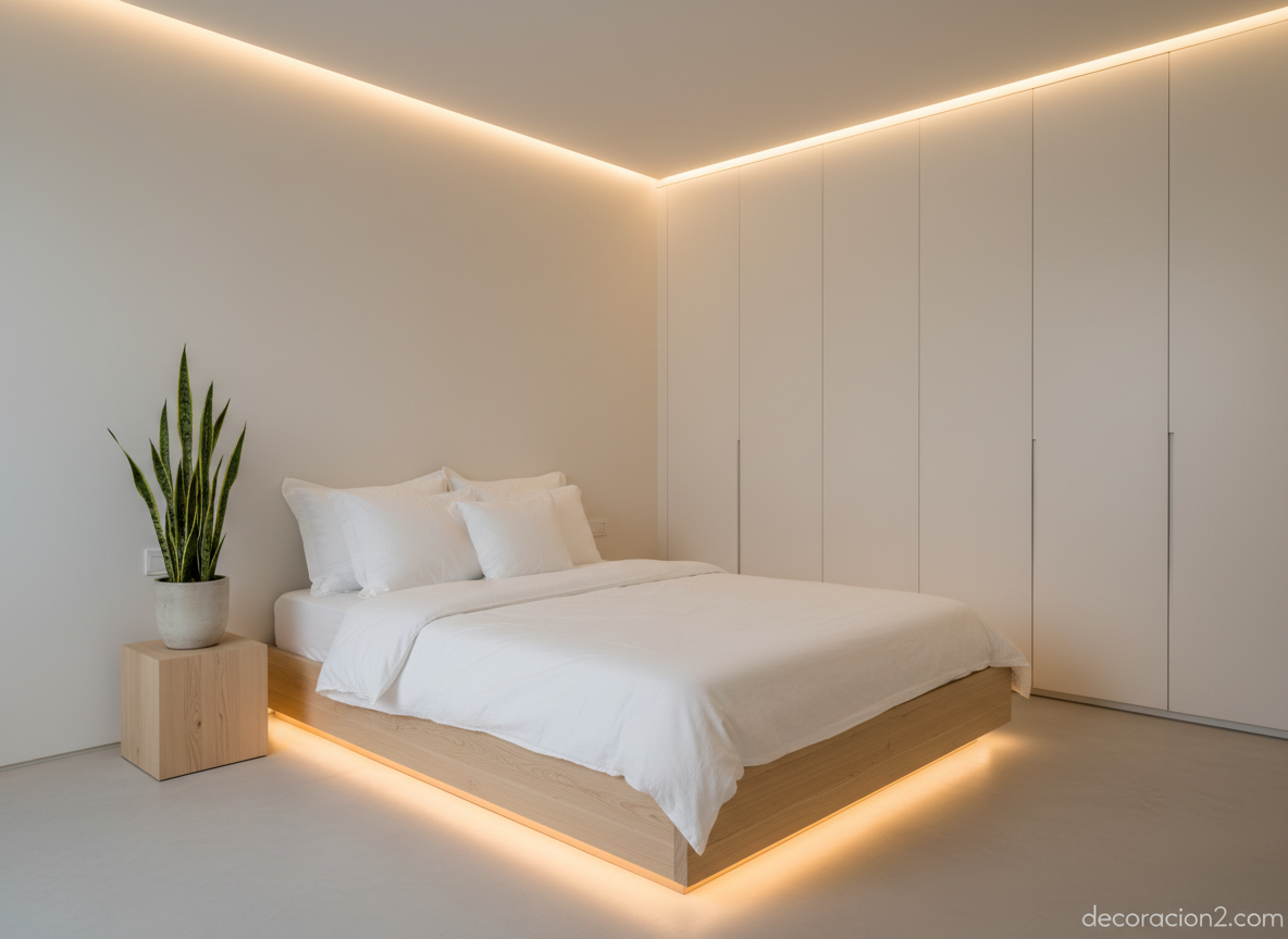 Dormitorio minimalista con cama baja de madera, armario empotrado liso y decoración neutra