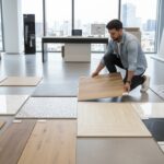 Person comparing kitchen floor tile samples in a showroom, multiple flooring options visible includi