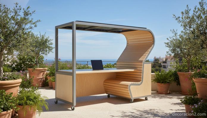 Escritorio ecológico con placas solares en terraza soleada