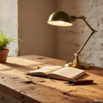 Rustic wooden desk made from reclaimed barn wood with natural grain visible, vintage desk lamp, note