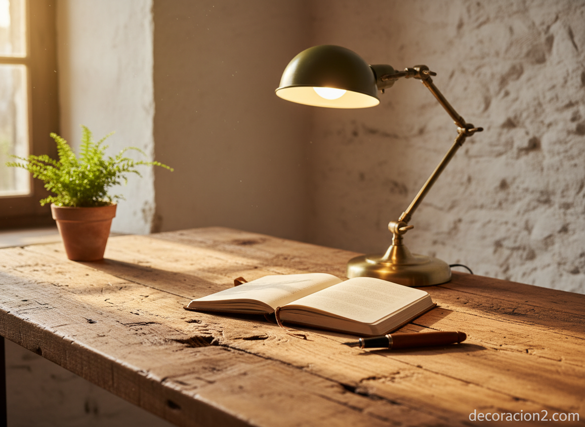 Oficinas rústicas: cómo decorar un despacho con estilo rústico y funcional 4 Escritorio rústico de madera recuperada con lámpara vintage y plantas